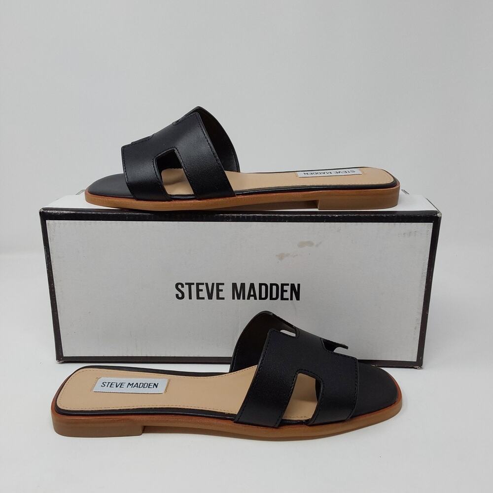 Steve Madden Hadyn Black Leather Slide Sandals Womens Size 8 Flat Slip On